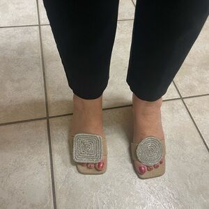 Elegant Beige and Silver Embellished Heeled Sandals